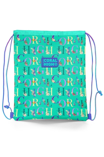 Coral High Kids Su Yeşili Açık Pembe Monogram Desenli İpli Büzgülü Sırt Çantası 22668 - Coral High KIDS