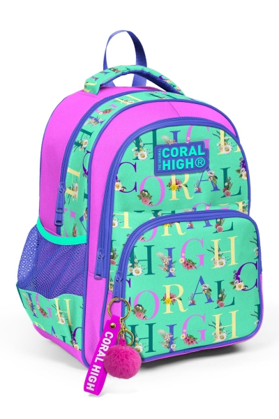 Coral High Kids Su Yeşili Açık Pembe Monogram Desenli Üç Bölmeli Okul Sırt Çantası 14410 - 1