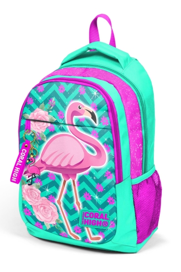 Coral High Kids Su Yeşili Pembe Simli Flamingo Desenli Üç Bölmeli Okul Sırt Çantası 14382 - 7