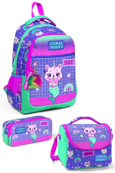 Coral High Kids Su Yeşili Lavanta Unicorn Kedi Desenli 3’lü Okul Çanta Seti SET0123478 