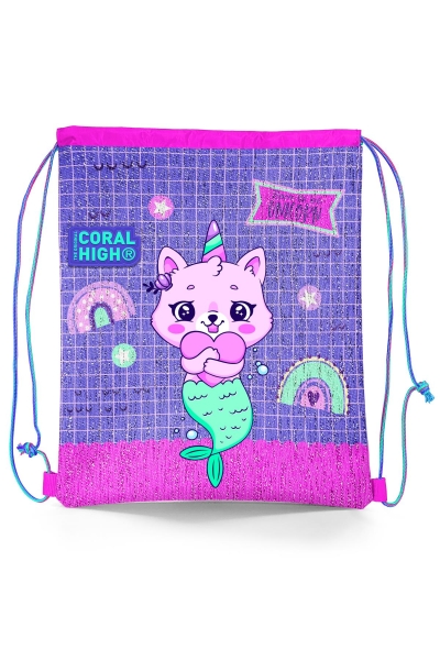 Coral High Kids Su Yeşili Lavanta Unicorn Kedi Desenli İpli Büzgülü Sırt Çantası 22683 - 1