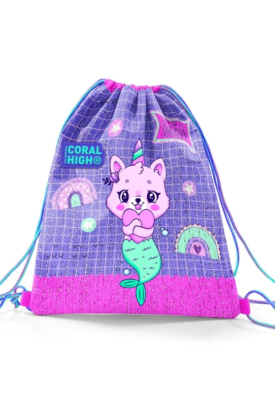 Coral High Kids Su Yeşili Lavanta Unicorn Kedi Desenli İpli Büzgülü Sırt Çantası 22683 - 3