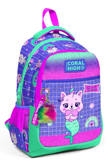 Coral High Kids Su Yeşili Lavanta Unicorn Kedi Desenli Üç Bölmeli Okul Sırt Çantası 23478 - Coral High KIDS