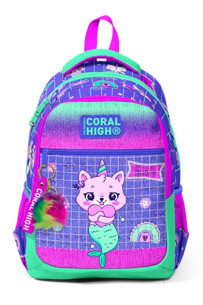 Coral High Kids Su Yeşili Lavanta Unicorn Kedi Desenli Üç Bölmeli Okul Sırt Çantası 23478 - 7