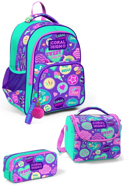 Coral High Kids Su Yeşili Mor Desenli 3'lü Okul Çanta Seti SET0114413 - 1