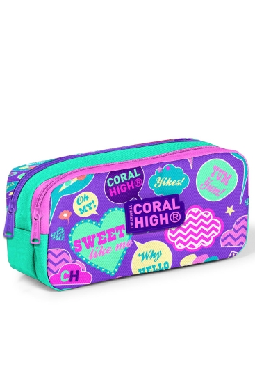 Coral High Kids Su Yeşili Mor Desenli İki Bölmeli Kalem Çantası 22159 