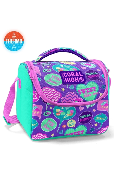 Coral High Kids Su Yeşili Mor Desenli Thermo Beslenme Çantası 11826 - 1