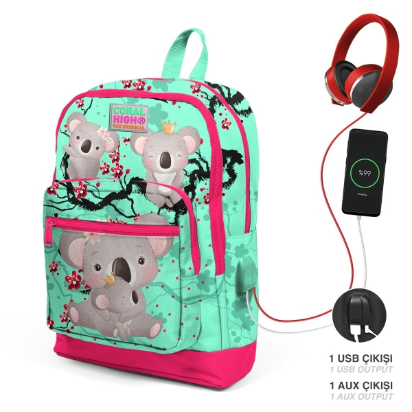 Coral High Kids Su Yeşili Neon Mercan Koala Desenli USB'li 3’lü Okul Çanta Seti SET0123813 - 2