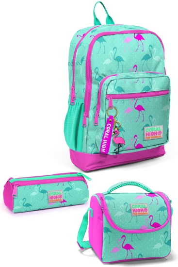 Coral High Kids Su Yeşili Neon Pembe Flamingo Desenli 3’lü Okul Çanta Seti SET0123111 - Coral High KIDS