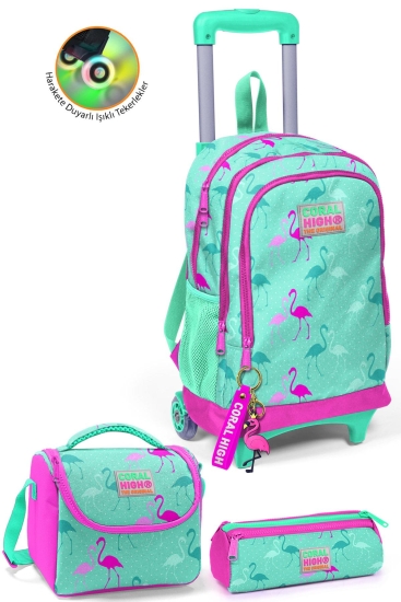 Coral High Kids Su Yeşili Neon Pembe Flamingo Desenli Çekçekli 3'lü Çanta Seti SET0123131 - Coral High KIDS