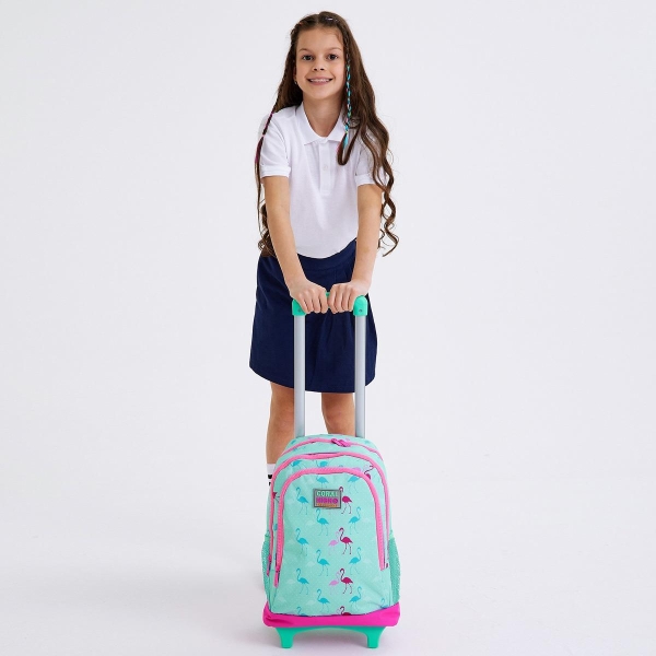 Coral High Kids Su Yeşili Neon Pembe Flamingo Desenli Çekçekli 3'lü Çanta Seti SET0123131 - 2