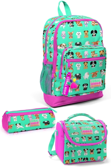 Coral High Kids Su Yeşili Neon Pembe Köpek Desenli 3’lü Okul Çanta Seti SET0123465 - Coral High KIDS