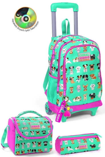 Coral High Kids Su Yeşili Neon Pembe Köpek Desenli Çekçekli 3'lü Çanta Seti SET0123362 - Coral High KIDS