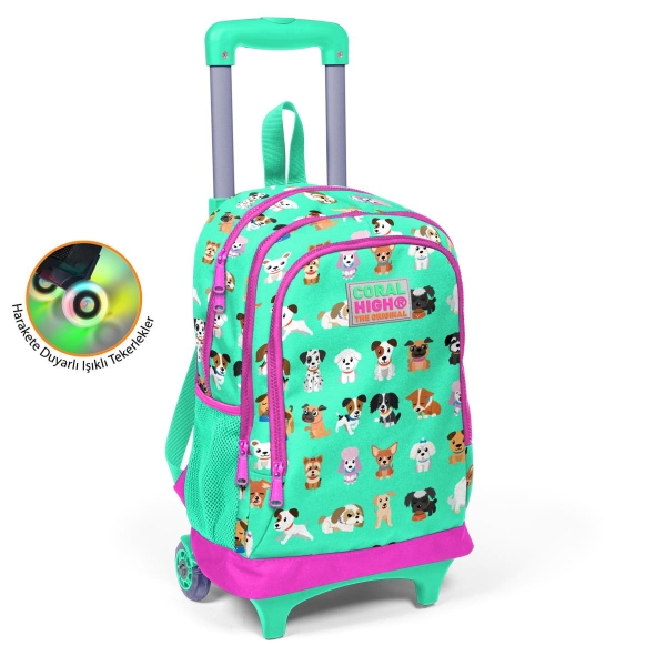 Coral High Kids Su Yeşili Neon Pembe Köpek Desenli Çekçekli 3'lü Çanta Seti SET0123362 - 2