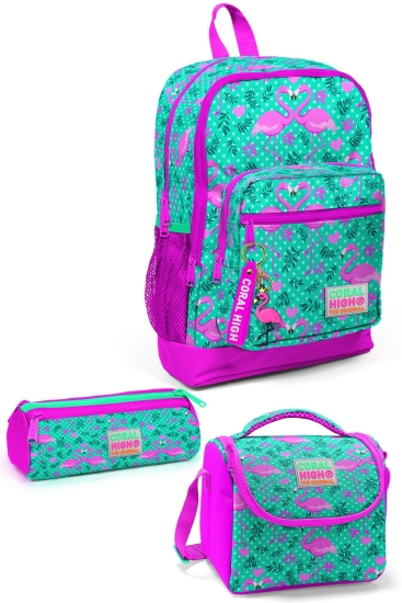 Coral High Kids Su Yeşili Pembe Flamingo Desenli 3’lü Okul Çanta Seti SET0123712 - Coral High KIDS