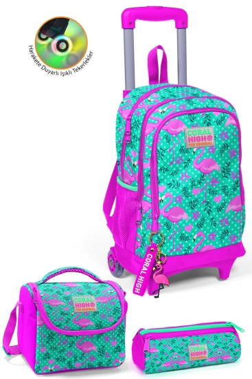 Coral High Kids Su Yeşili Pembe Flamingo Desenli Çekçekli 3'lü Çanta Seti SET0123912 - Coral High KIDS