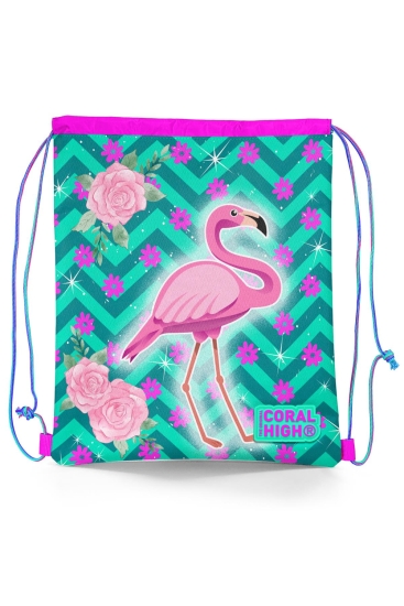 Coral High Kids Su Yeşili Pembe Flamingo Desenli İpli Büzgülü Sırt Çantası 22481 - Coral High KIDS