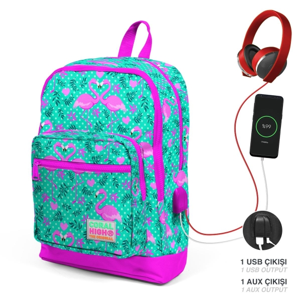 Coral High Kids Su Yeşili Pembe Flamingo Desenli USB'li 3’lü Okul Çanta Seti SET0123812 - 2