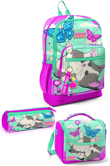 Coral High Kids Su Yeşili Pembe Kedi Desenli 3’lü Okul Çanta Seti SET0123707 - Coral High KIDS