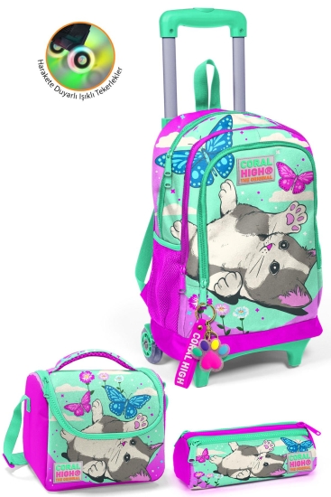 Coral High Kids Su Yeşili Pembe Kedi Desenli Çekçekli 3'lü Çanta Seti SET0123907 - Coral High KIDS