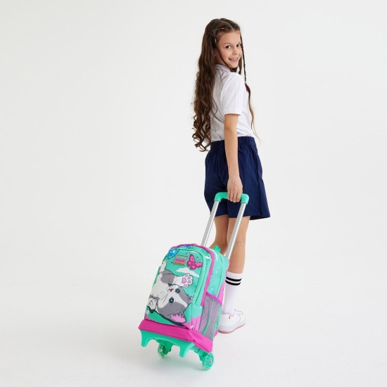 Coral High Kids Su Yeşili Pembe Kedi Desenli Çekçekli 3'lü Çanta Seti SET0123907 - 2