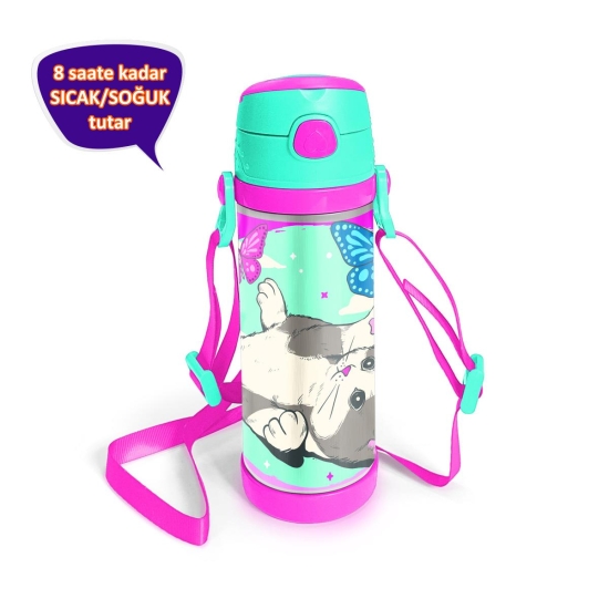 Coral High Kids Su Yeşili Pembe Kedi Desenli Pipetli Çelik Termos 500 ml 11931 - Coral High KIDS