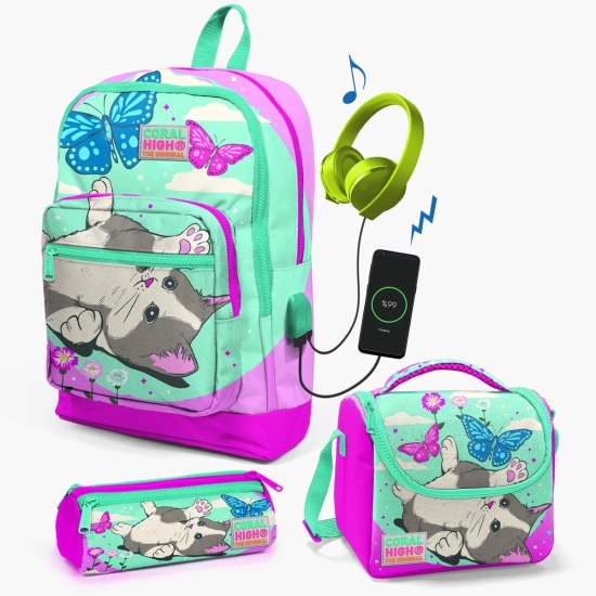 Coral High Kids Su Yeşili Pembe Kedi Desenli USB'li 3’lü Okul Çanta Seti SET0123807 - Coral High KIDS