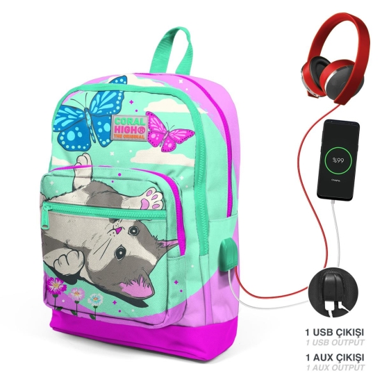 Coral High Kids Su Yeşili Pembe Kedi Desenli USB'li 3’lü Okul Çanta Seti SET0123807 - 2