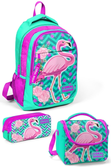 Coral High Kids Su Yeşili Pembe Simli Flamingo Desenli 3’lü Okul Çanta Seti SET0114382 - Coral High KIDS