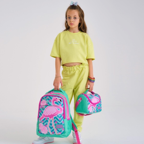 Coral High Kids Su Yeşili Pembe Simli Flamingo Desenli 3’lü Okul Çanta Seti SET0114382 - 2