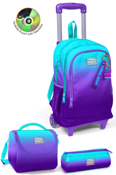 Coral High Kids Turkuaz Mor Renk Geçişli Üç Bölmeli Çekçekli 3'lü Çanta Seti SET0123963 - 1