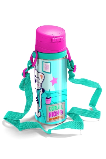 Coral High Kids Turkuaz Pembe Dondurmalı Kedi Desenli Pipetli Çelik Matara 600 ml 11960 - 2