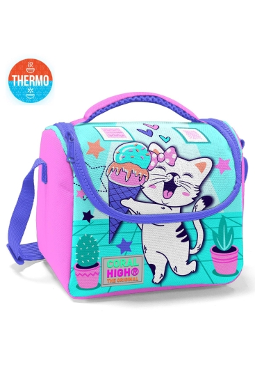 Coral High Kids Turkuaz Pembe Dondurmalı Kedi Desenli Thermo Beslenme Çantası 11751 - Coral High