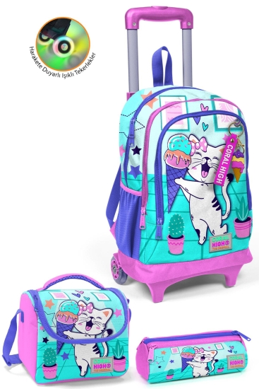 Coral High Kids Turkuaz Pembe Dondurmalı Kedi Desenli Üç Bölmeli Çekçekli 3'lü Çanta Seti SET0123951 - 1