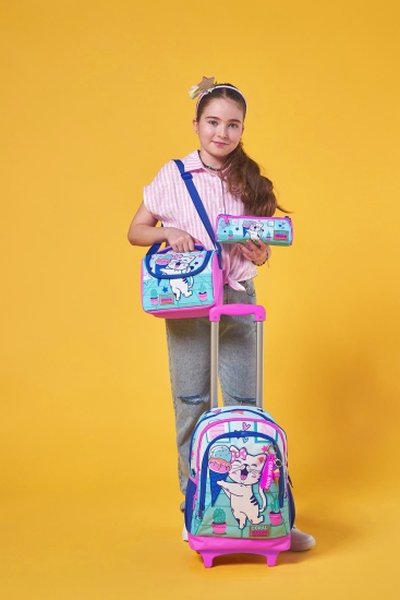 Coral High Kids Turkuaz Pembe Dondurmalı Kedi Desenli Üç Bölmeli Çekçekli 3'lü Çanta Seti SET0123951 - 2