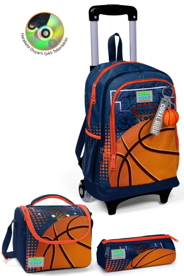 Coral High Kids Turuncu Lacivert Basketbol Desenli Üç Bölmeli Çekçekli 3'lü Çanta Seti SET0123966 - 1