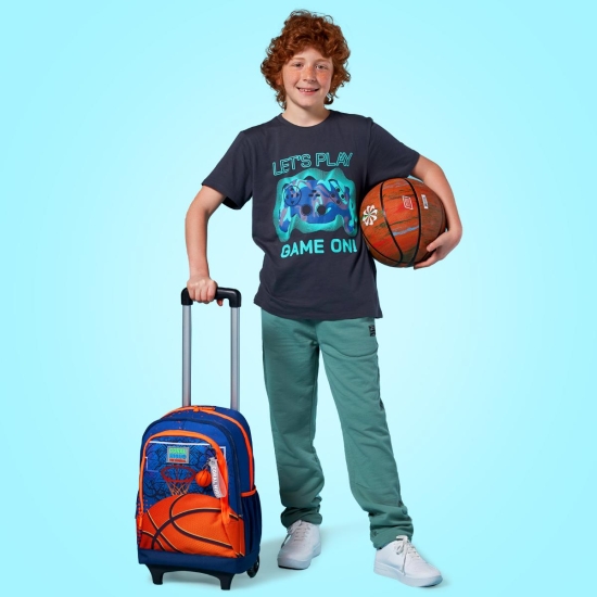 Coral High Kids Turuncu Lacivert Basketbol Desenli Üç Bölmeli Çekçekli Okul Sırt Çantası 23966 - 4