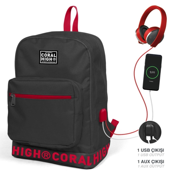 Coral High Koyu Gri Nakış Logolu Dört Bölmeli USB Şarjlı Kulaklık Çıkışlı Sırt Çantası 24105 - Coral High