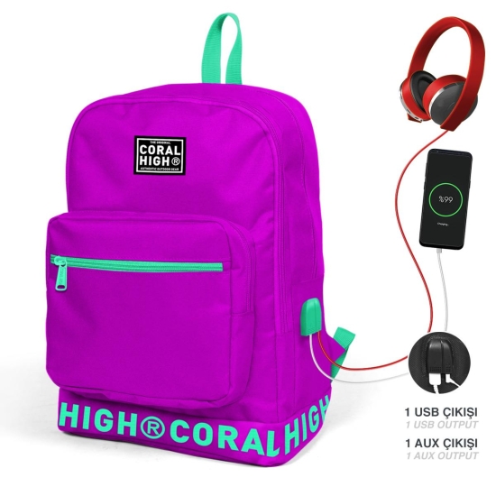 Coral High Koyu Pembe Nakış Logolu Dört Bölmeli USB Şarjlı Kulaklık Çıkışlı Sırt Çantası 24102 - Coral High