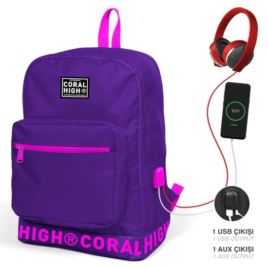 Coral High Mor Nakış Logolu Dört Bölmeli USB Şarjlı Kulaklık Çıkışlı Sırt Çantası 24109 - Coral High