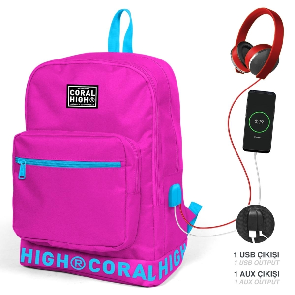 Coral High Neon Pembe Nakış Logolu Dört Bölmeli USB Şarjlı Kulaklık Çıkışlı Sırt Çantası 24108 - 1