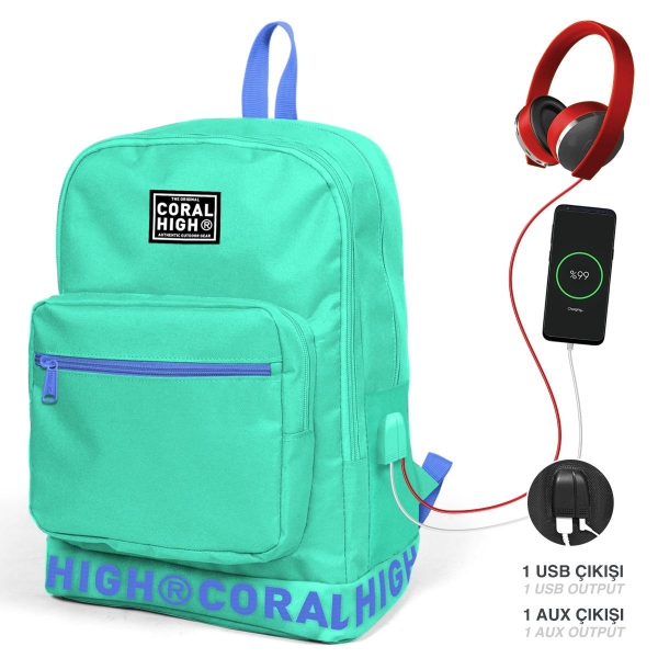 Coral High Su Yeşili Nakış Logolu Dört Bölmeli USB Şarjlı Kulaklık Çıkışlı Sırt Çantası 24104 - 2