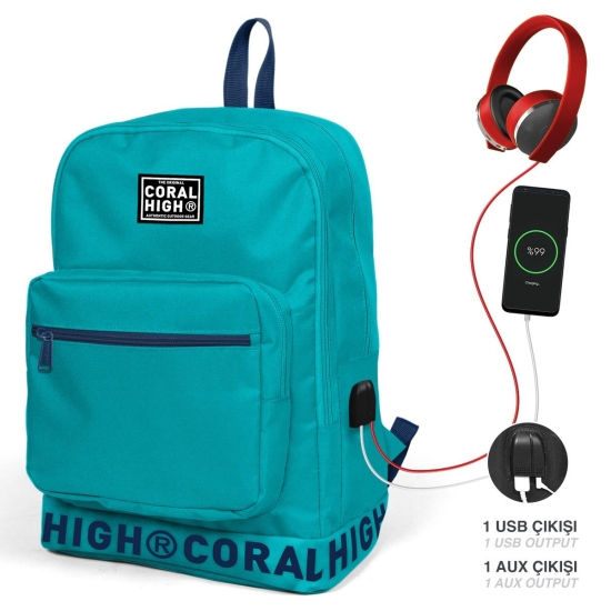 Coral High Turkuaz Nakış Logolu Dört Bölmeli USB Şarjlı Kulaklık Çıkışlı Sırt Çantası 24110 - Coral High