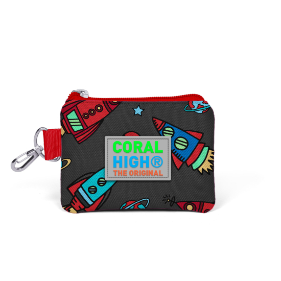 Coral High Kids Koyu Gri Kırmızı Uzay Desenli Bozuk Para Çantası 21730 - Coral High KIDS