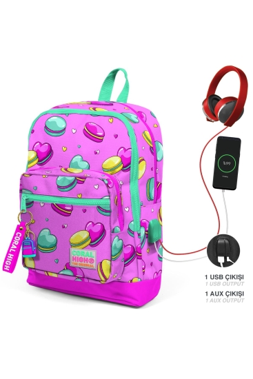 Coral High Kids Açık Pembe Su Yeşili Makaron Desenli Dört Bölmeli USB'li Okul Sırt Çantası 23261 - Coral High KIDS