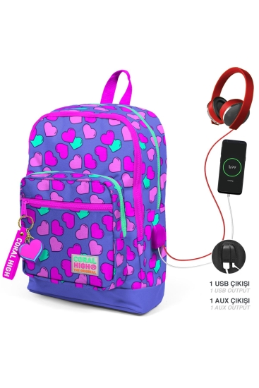 Coral High Kids Lavanta Pembe Kalp Desenli Dört Bölmeli USB'li Okul Sırt Çantası 23263 - Coral High KIDS