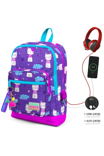 Coral High Kids Mor Pembe Kedi Desenli Dört Bölmeli USB'li Okul Sırt Çantası 23264 - Coral High KIDS