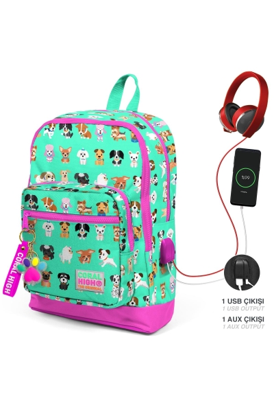 Coral High Kids Su Yeşili Neon Pembe Köpek Desenli Dört Bölmeli USB'li Okul Sırt Çantası 23266 - 1