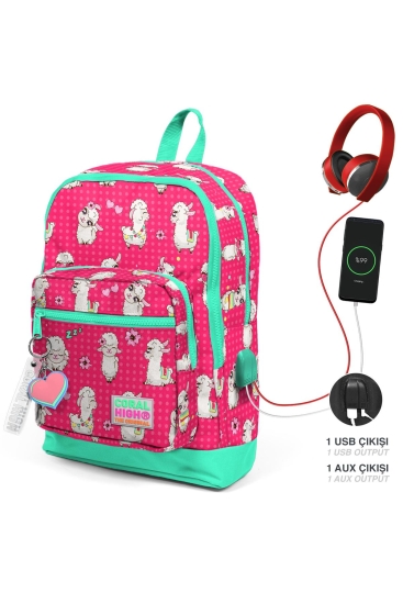 Coral High Kids Neon Mercan Su Yeşili Alpaka Desenli Dört Bölmeli USB'li Okul Sırt Çantası 23268 - Coral High KIDS