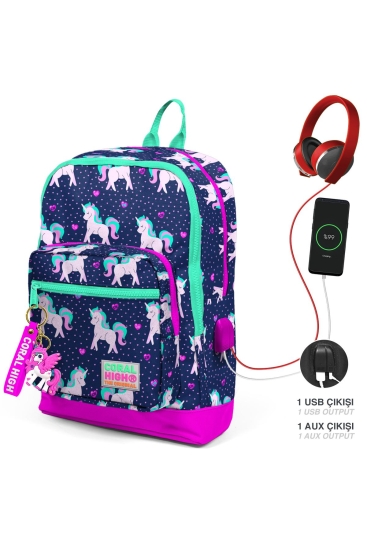 Coral High Kids Lacivert Pembe Unicorn Desenli Dört Bölmeli USB'li Okul Sırt Çantası 23270 